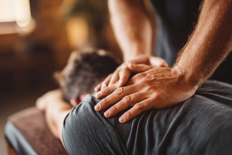 A person sitting in a calm, softly lit room receiving a gentle chiropractic adjustment.